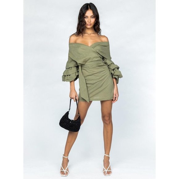 Princess Polly Lioness Green Cha Cha Faux Wrap Mini Dress - Picture 3 of 8